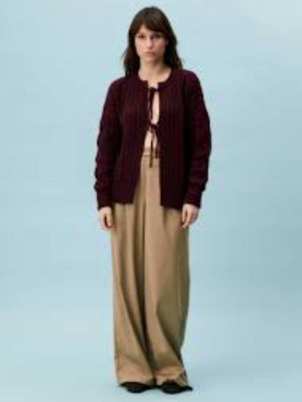 FRNCH Paris Cardigan Salome Bordeaux Wool Tie Front Cable Knit NWT Size L